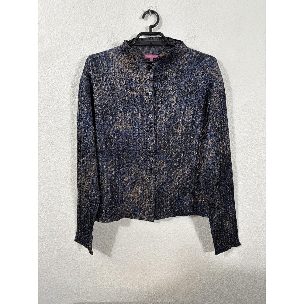 Adolfo Dominguez Shirt Womens XL Blue Tan‎ Crinkle Mock Neck Button Up Lagenlook